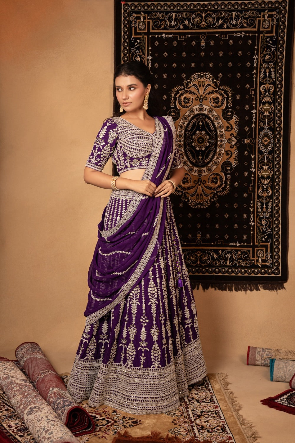 Purple georgette lehenga choli with marodi and sequins work