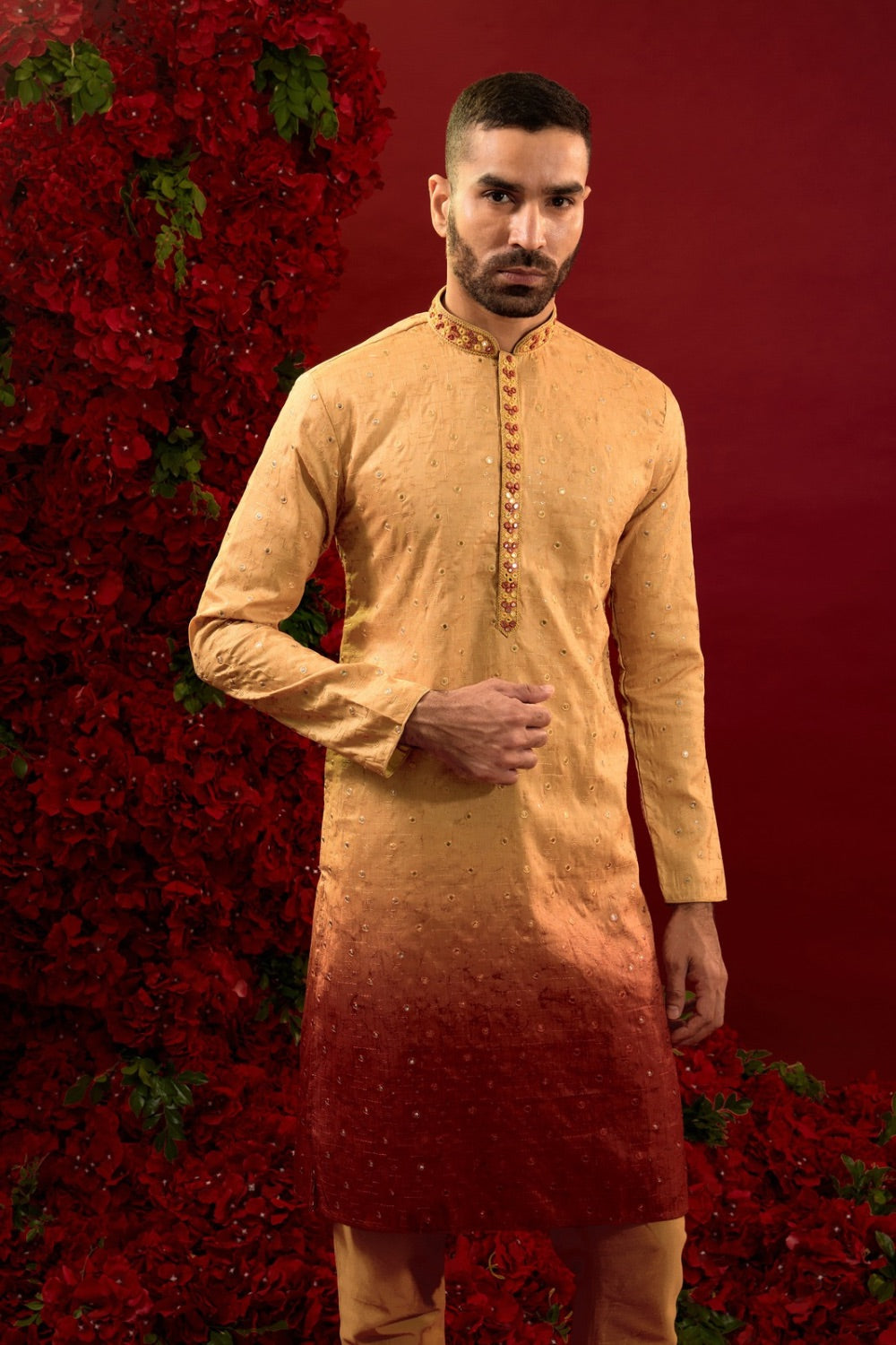 Orange-red ombre kurta set with hand and machine work