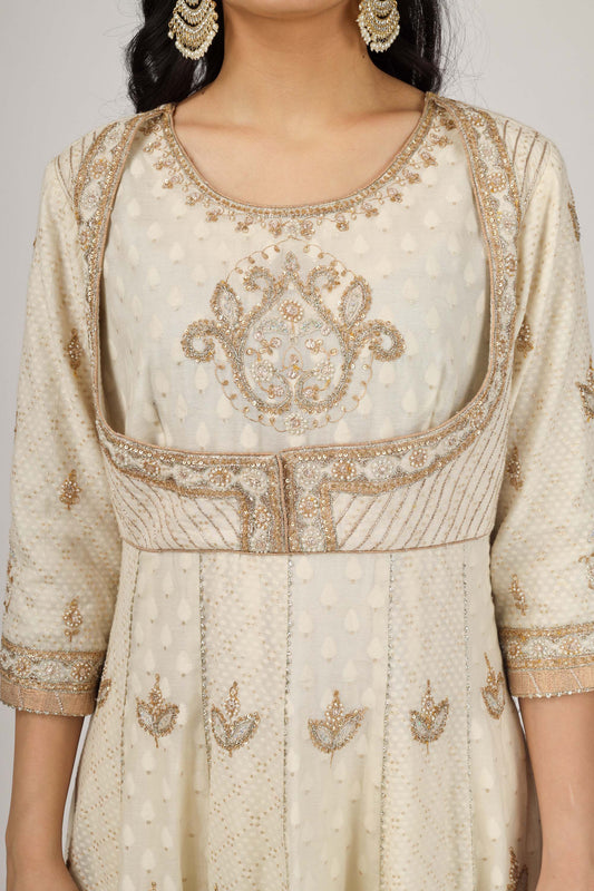 Taj Pure Chanderi Silk Ivory Anarkali with Dori Work