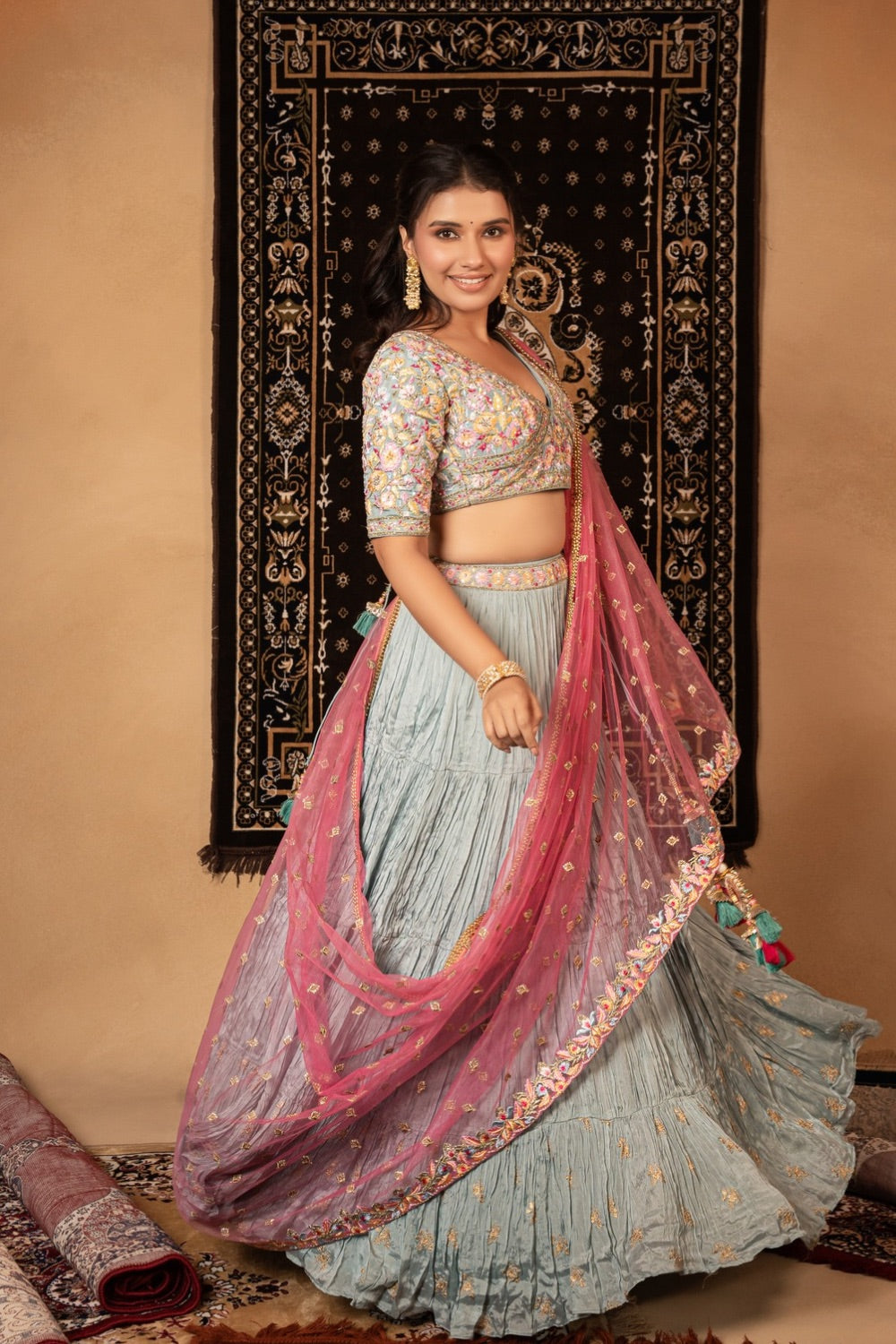 Light blue georgette lehenga choli with resham and zardozi work