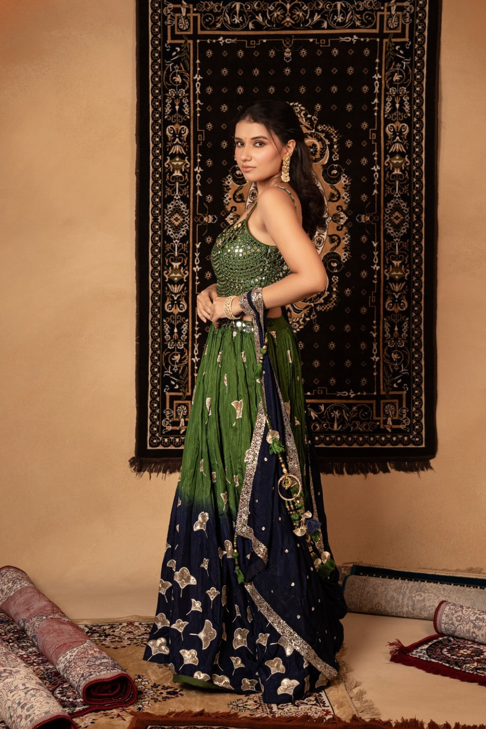 Green & Blue ombre soft silk lehenga choli with mirror and sequin work