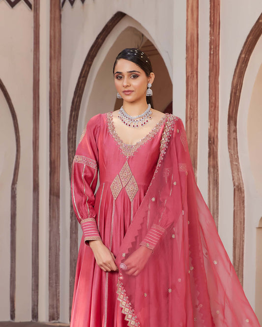 Art Deco Red Pure silk chanderi Machine Embroidered Engagement Anarkali set