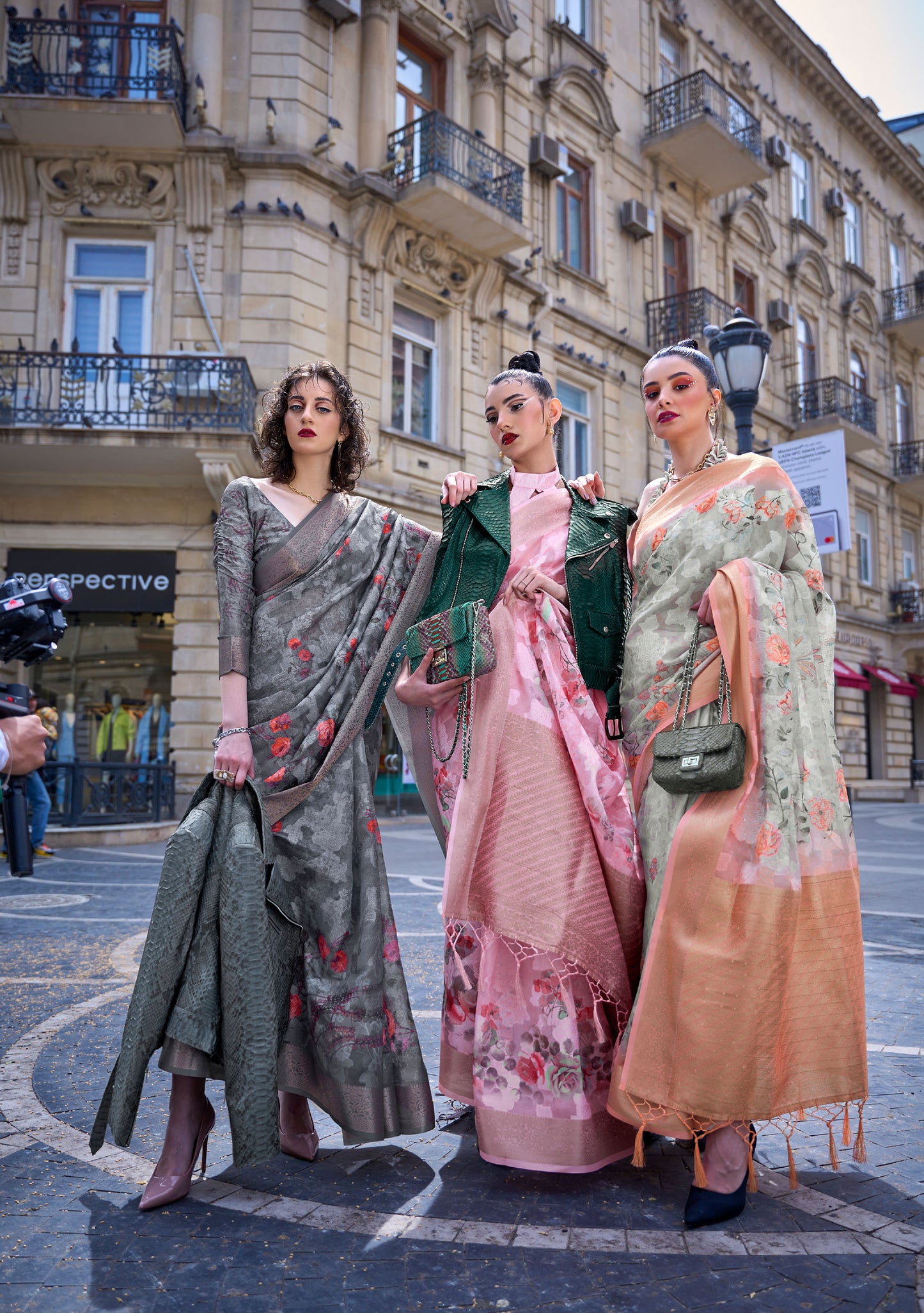 Dark Grey Floral Kinsel Printed Poly Handloom Saree
