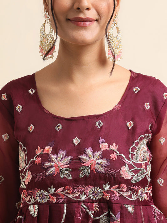 Wine sequins embroidered Faux organza Surya pakistani suit