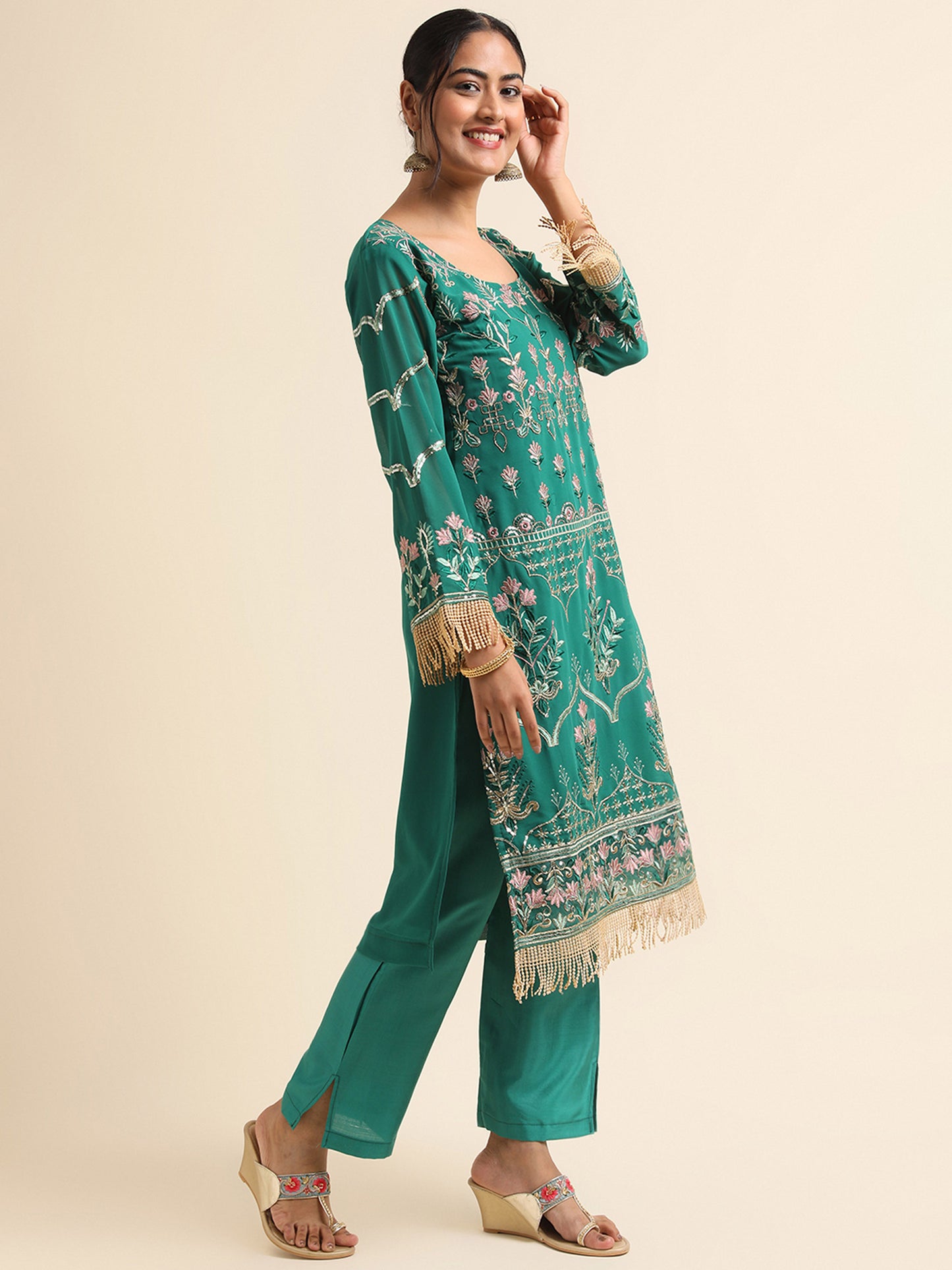 Green sequins embroidered Faux Georgette Surya pakistani suit