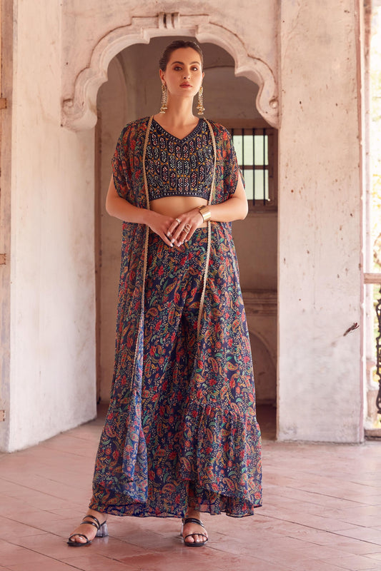 Blue Georgette Thread & Mirror Work Cape Set Sharara