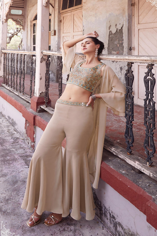 Beige Georgette Thread & Mirror Work Cape Set Sharara