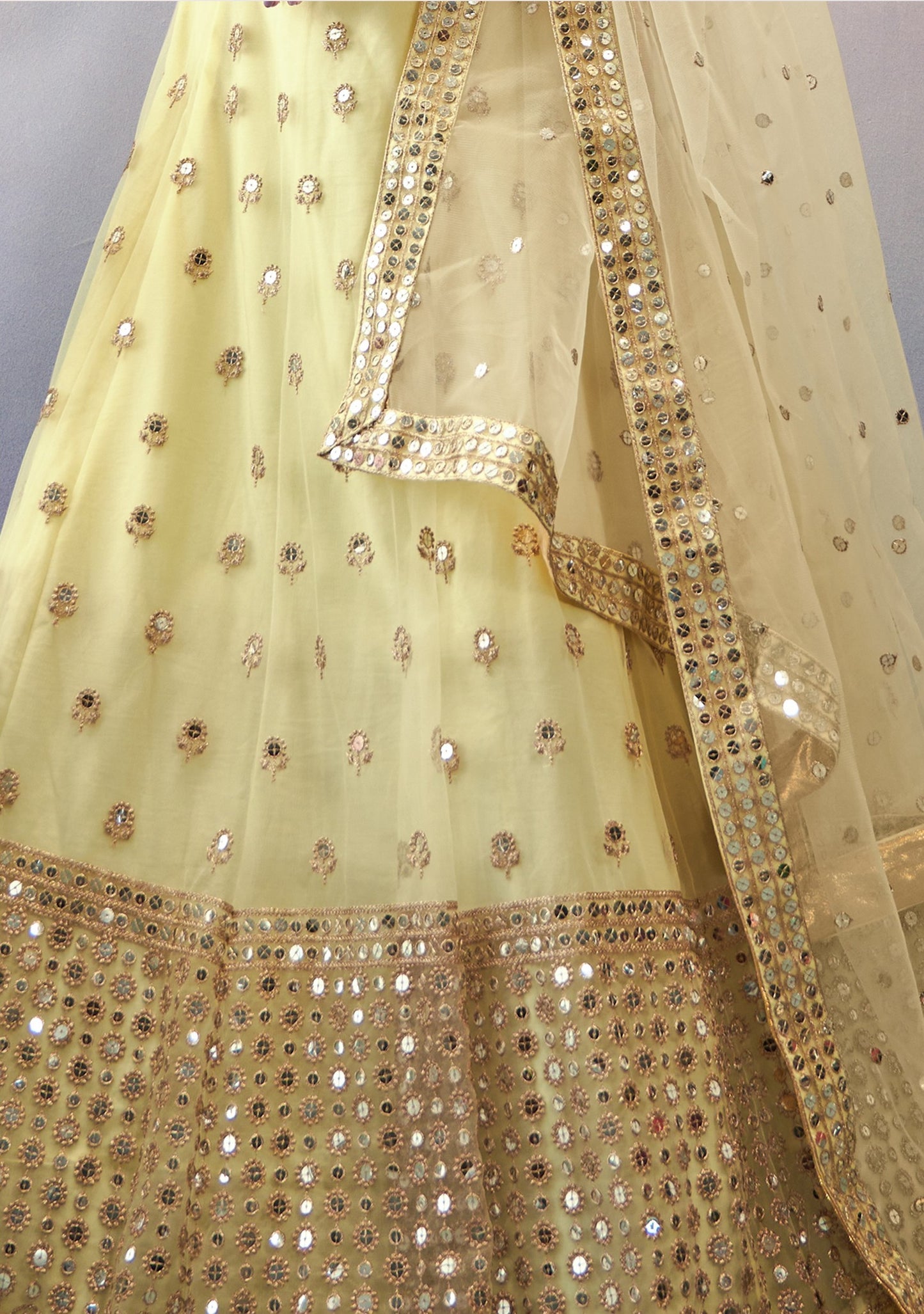 Light Cream Butterfly Net Sequence Embroidery Wedding Guest Lehenga