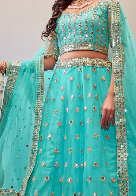Sky Blue Butterfly Net Sequence Embroidery Wedding Guest Lehenga