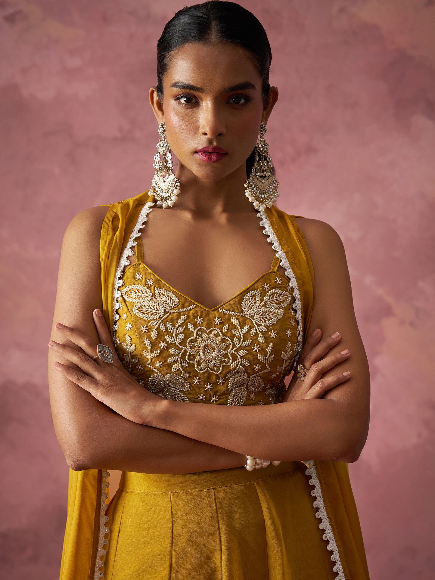 Mustard Yellow Georgette Floral Embroidered Indo Western Sharara