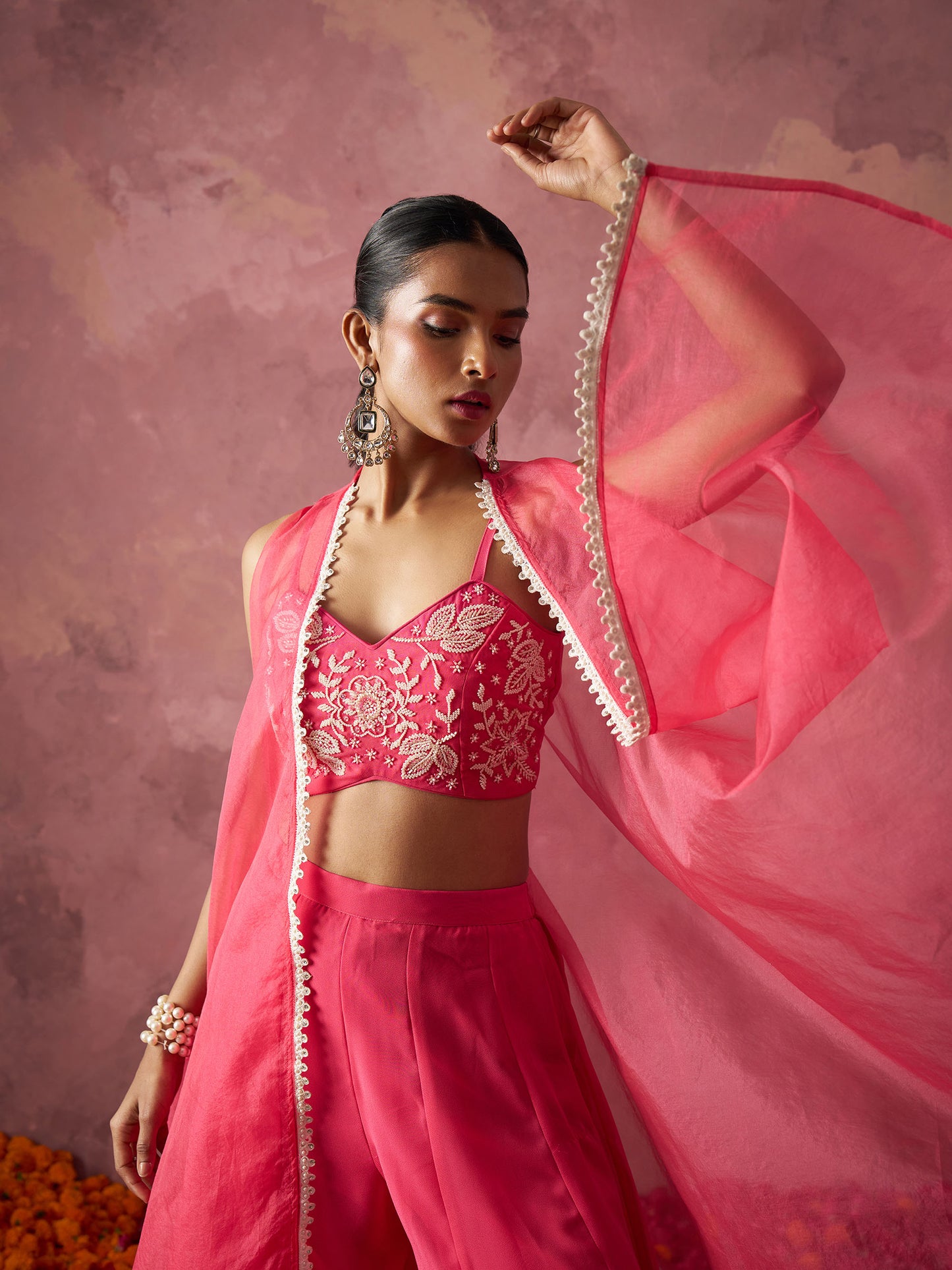 Pink Georgette Floral Embroidered Indo Western Sharara