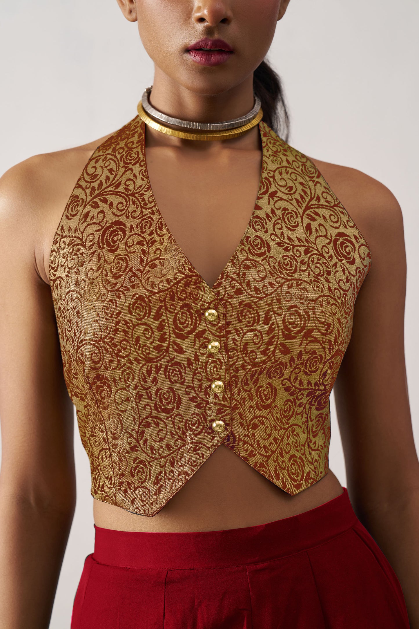 Maroon & Beige Digital Print Jacquard Waistcoat Crepe Skirt