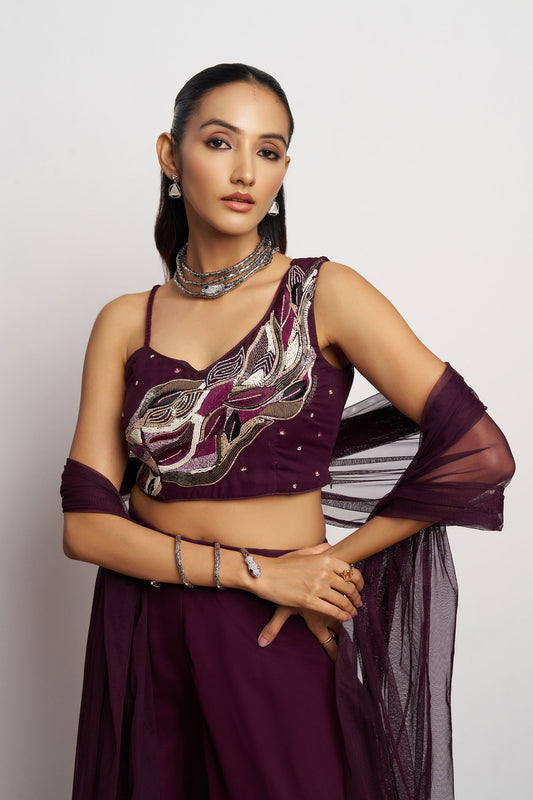 Purple Georgette hand Embroidered Festive Crop Top Set