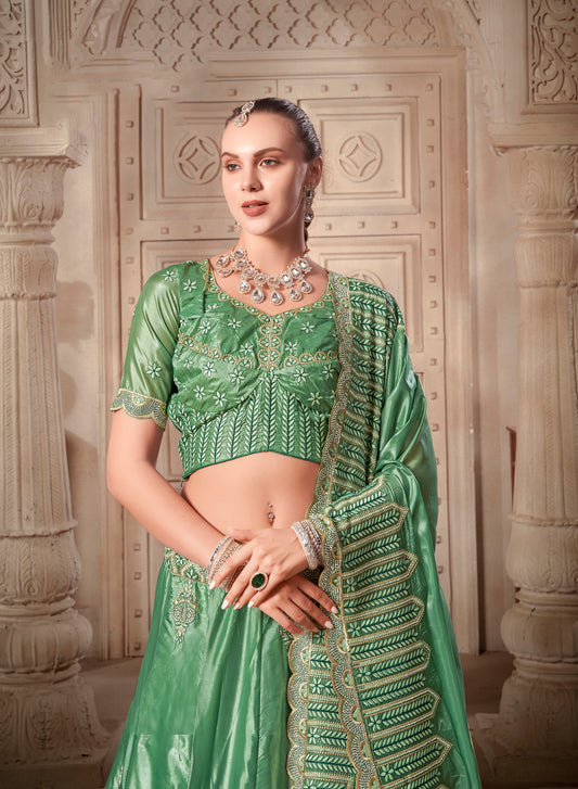 Pista Green Zarkan Embroidery Soft Paper Silk Mehendi Lehenga