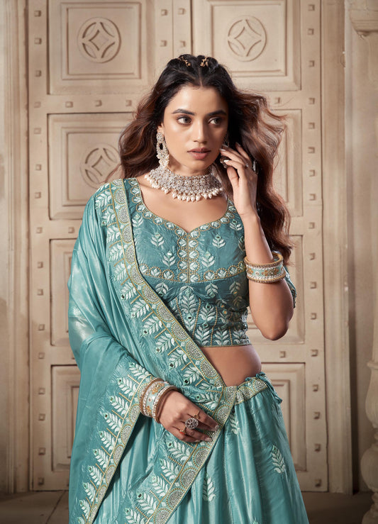 Sky Blue Zarkan Embroidery Soft Paper Silk Bridesmaid Lehenga