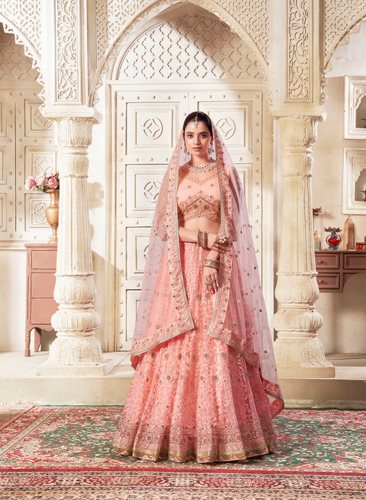 Dark Peach Sequins Embroidery Net Wedding Guest Lehenga