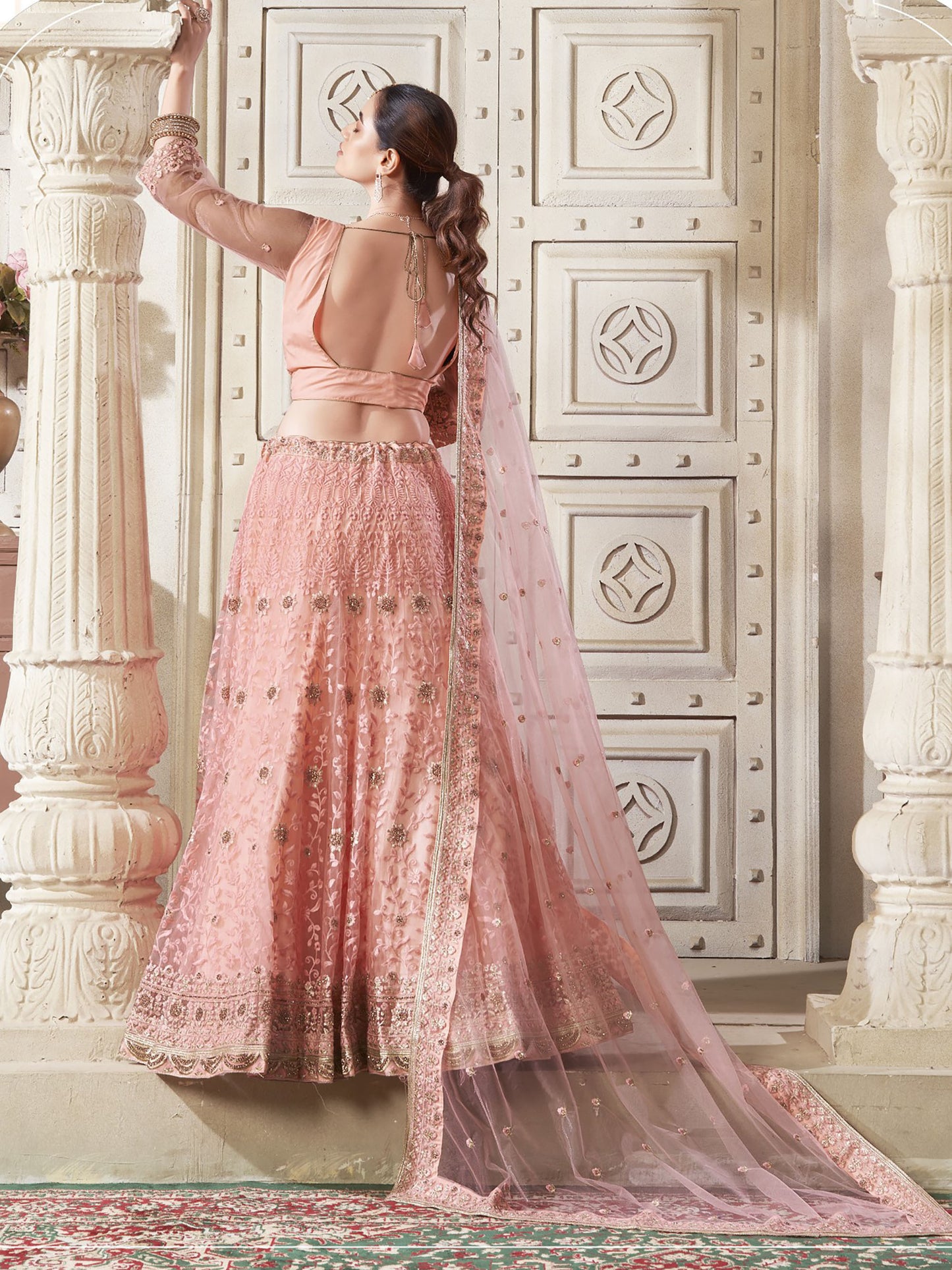 Dark Peach Sequins Embroidery Net Wedding Guest Lehenga