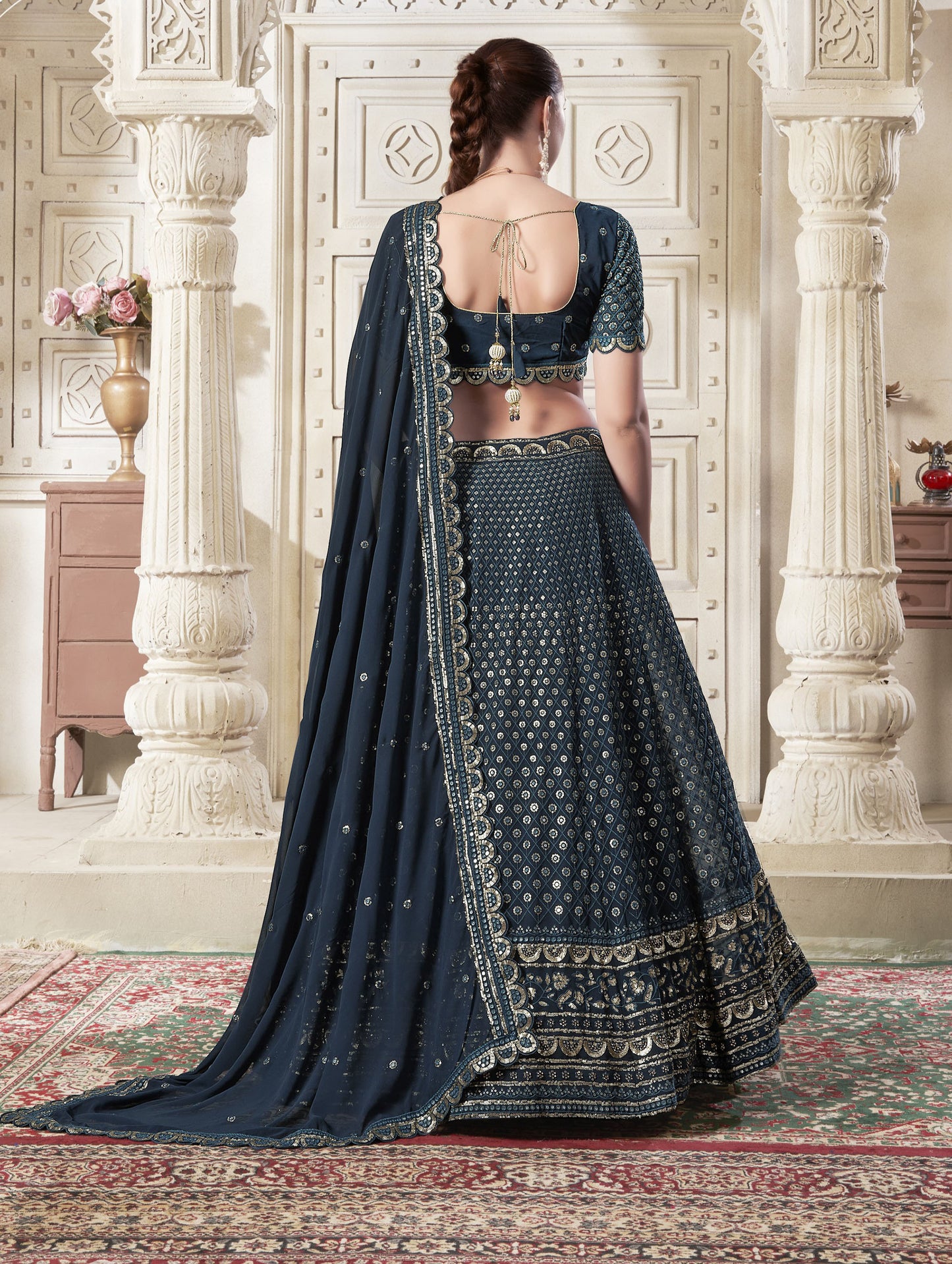 Navy Blue Georgette Sequence and Thread Embroidery Festive Lehenga