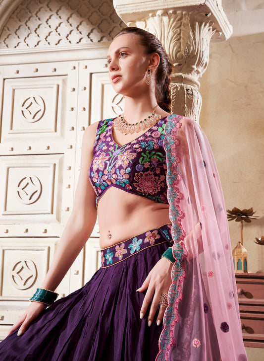 Purple Sequence Embroidery Silk Festive Lehenga