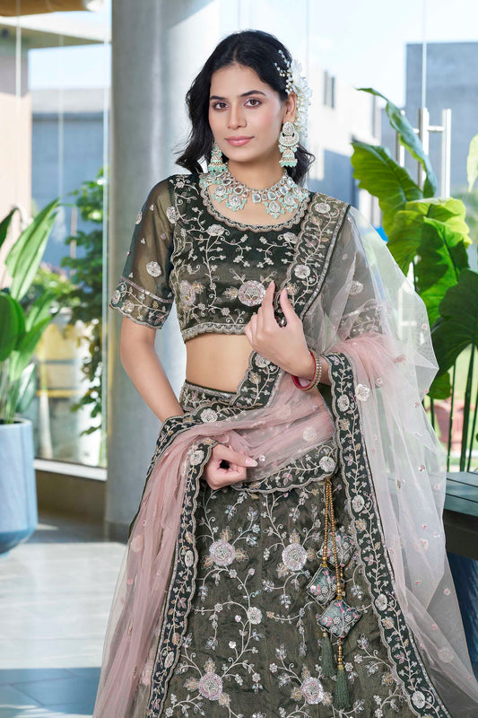 Green Zarkan Embroidery Silk Mehendi Lehenga