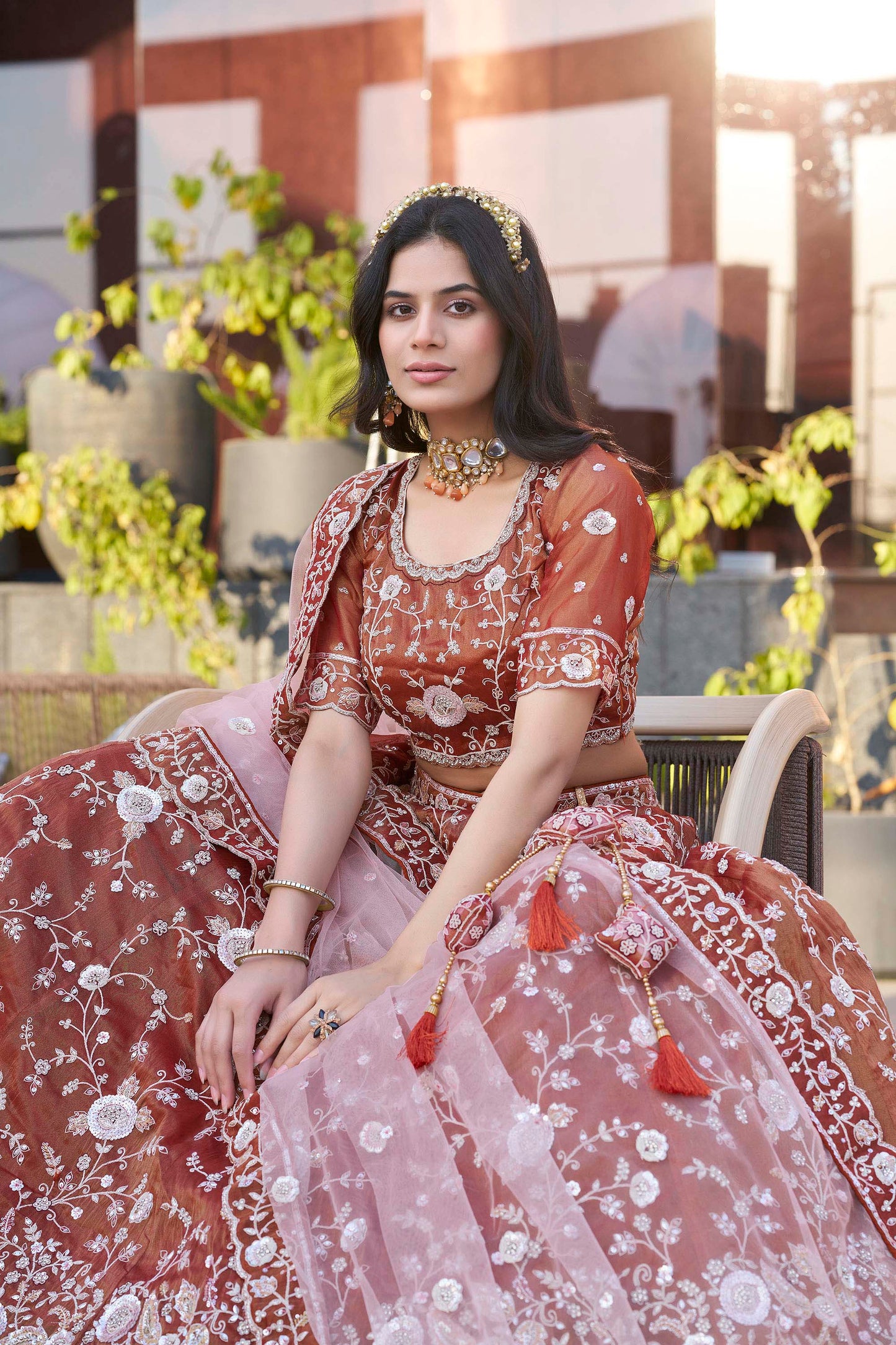 Dark Orange Zarkan and Sequence Embroidery Silk Lehenga