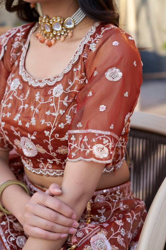 Dark Orange Zarkan and Sequence Embroidery Silk Lehenga
