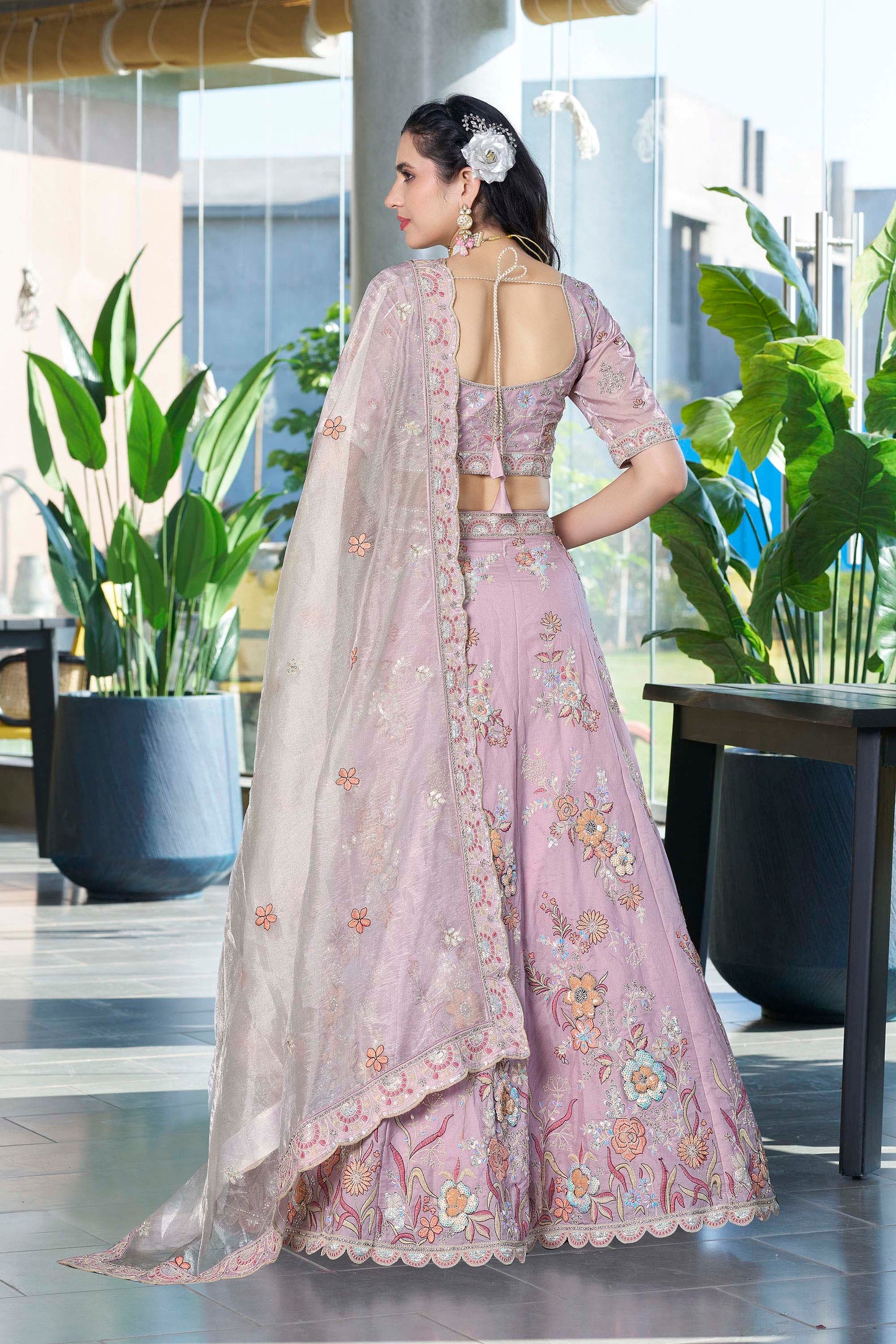 Lavender Zarkan and Sequins Embroidery Fendi Silk Bridesmaid Lehenga