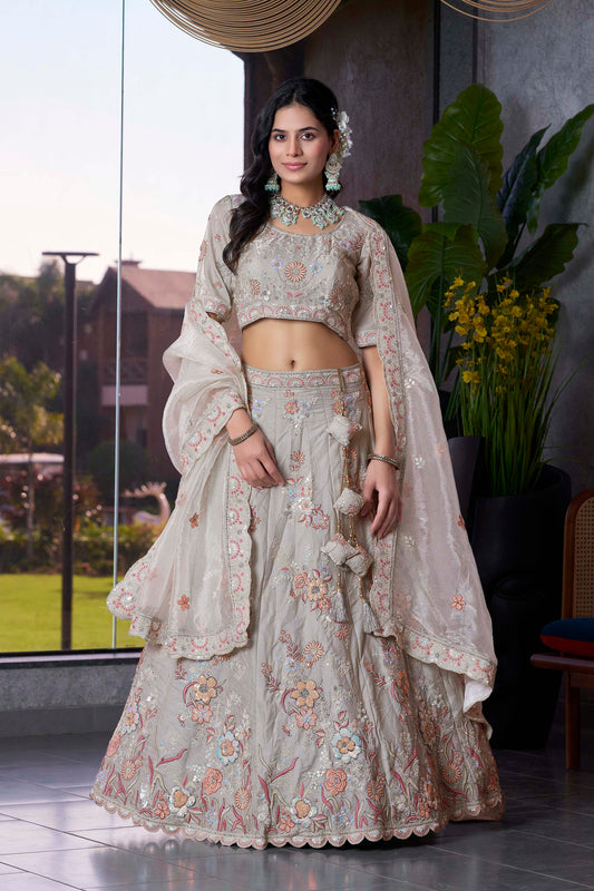 Grey Zarkan Embroidery Fendi Silk Mehendi Lehenga