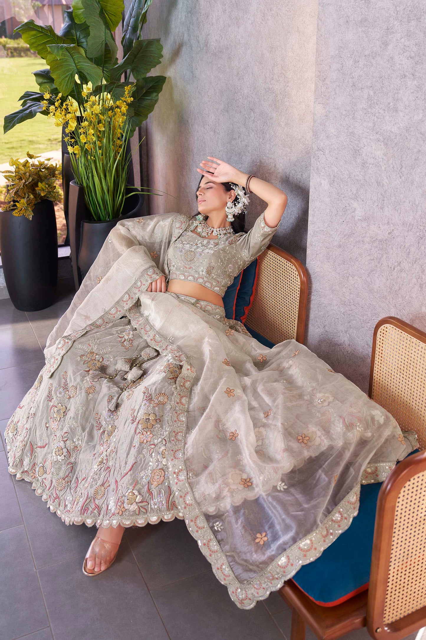 Grey Zarkan Embroidery Fendi Silk Mehendi Lehenga