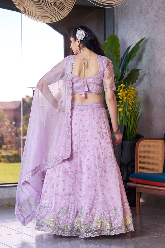 Lilac Zarkan and Sequence Embroidery Fendi Silk Bridesmaid Lehenga