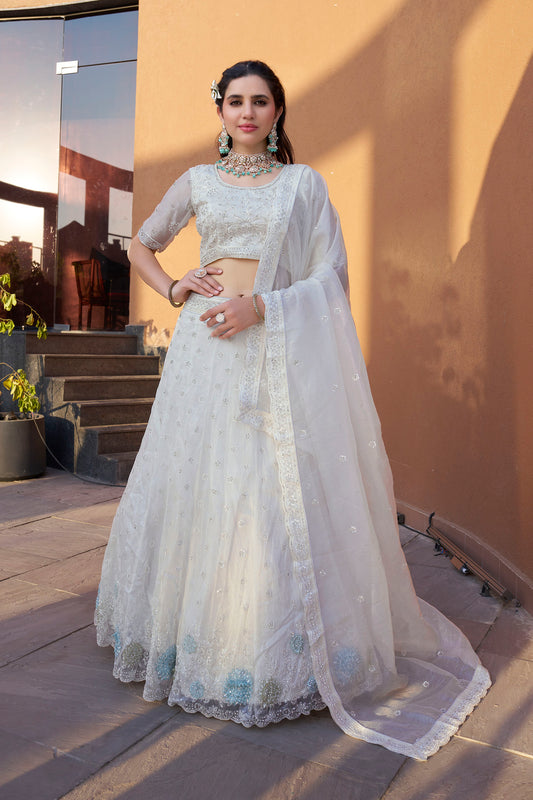 White Zarkan and Sequins Embroidery Fendi Silk Festive Lehenga