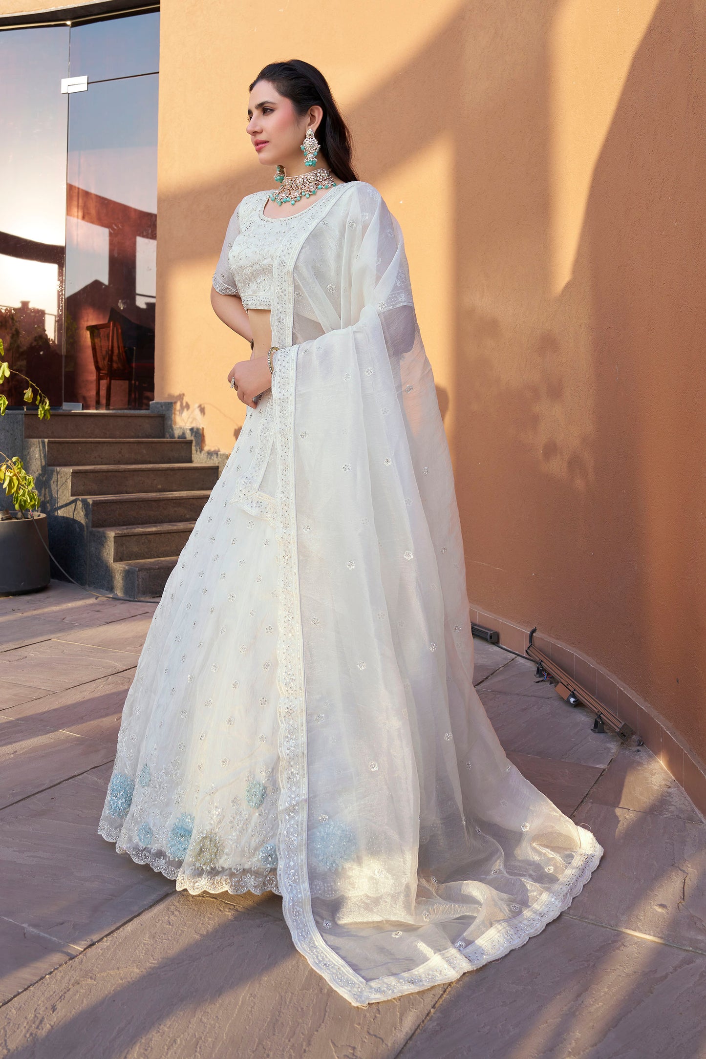 White Zarkan and Sequins Embroidery Fendi Silk Festive Lehenga