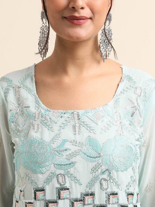 Turquoise Zari embroidered Faux Georgette Surya pakistani suit