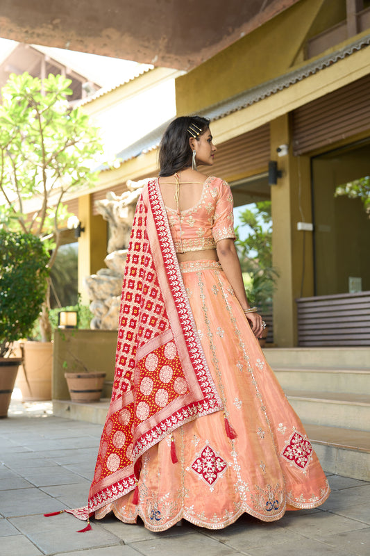 Dark Peach Cosmos Viscose Gota Work & Sequins Wedding Guest Lehenga