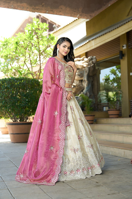 Cream Jacquard Silk Zari Embroidered Bridesmaid Lehenga