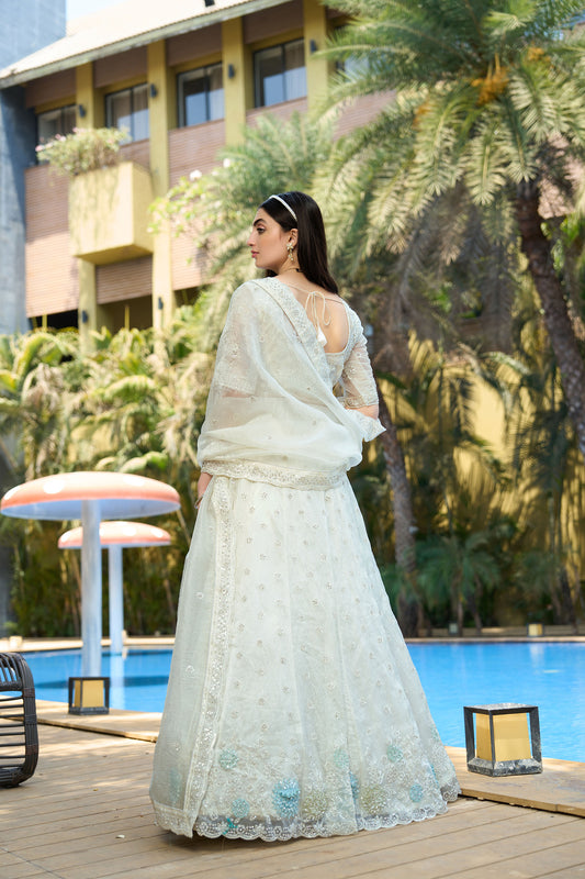 White Organza Stones And Sequins Embroidered Sangeet Lehenga