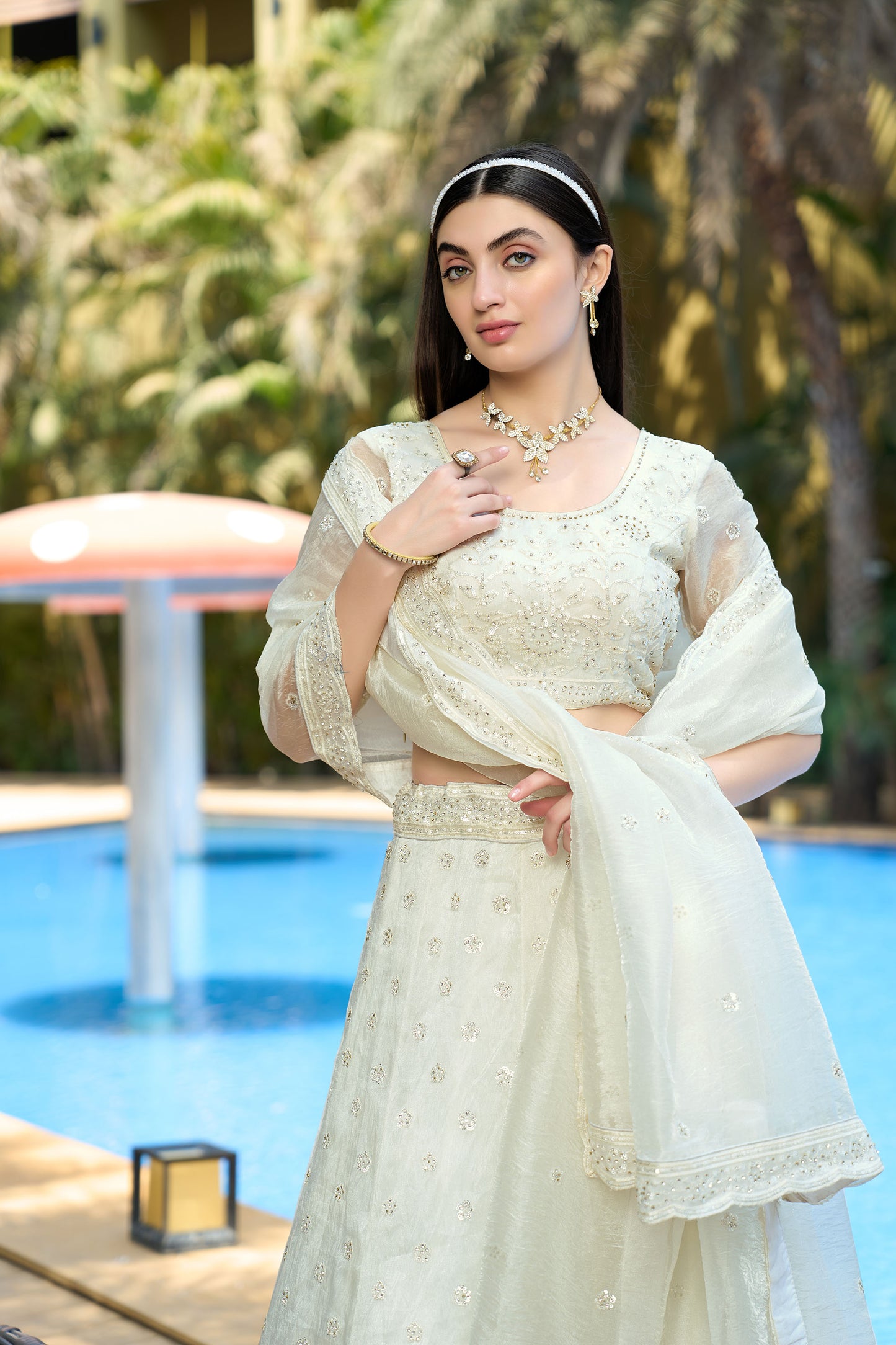 White Organza Stones And Sequins Embroidered Sangeet Lehenga