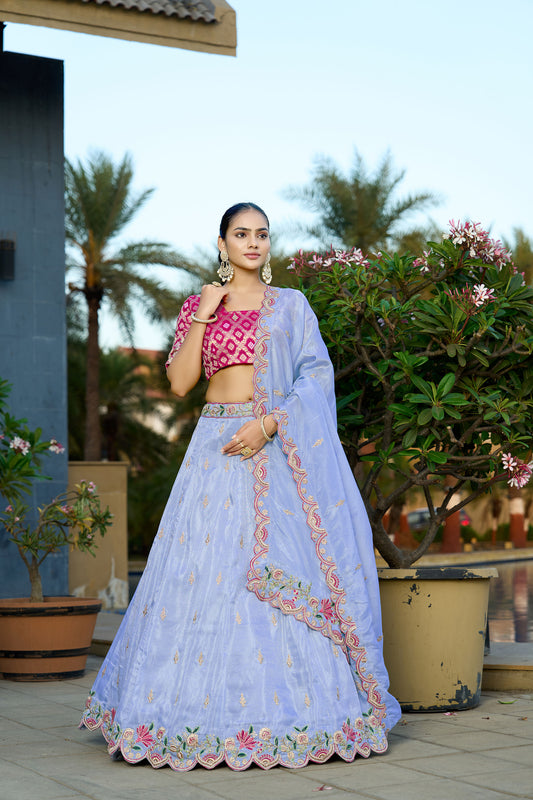 Sky Blue Viscose Zari & Gota Embroidered Wedding Guest Lehenga