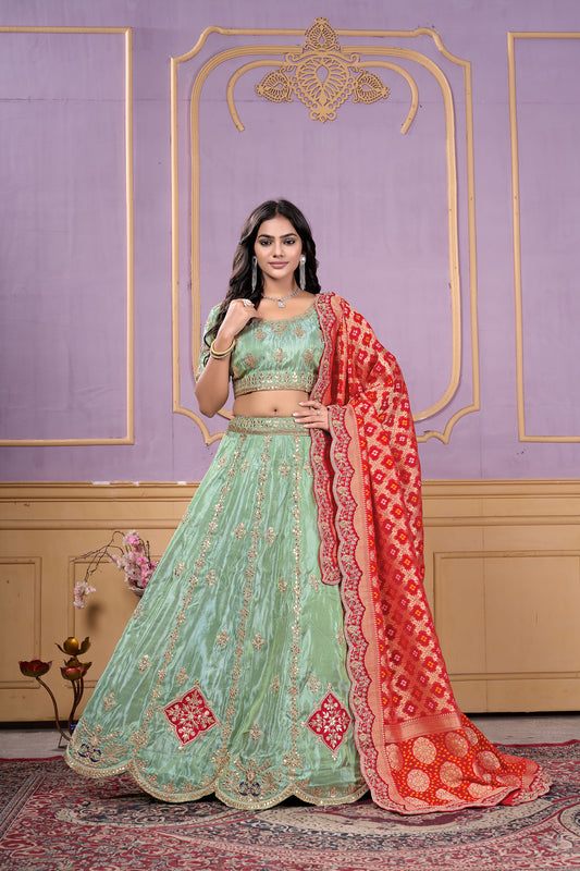 Pista Green Viscose Gota & Sequins Work Mehendi Lehenga