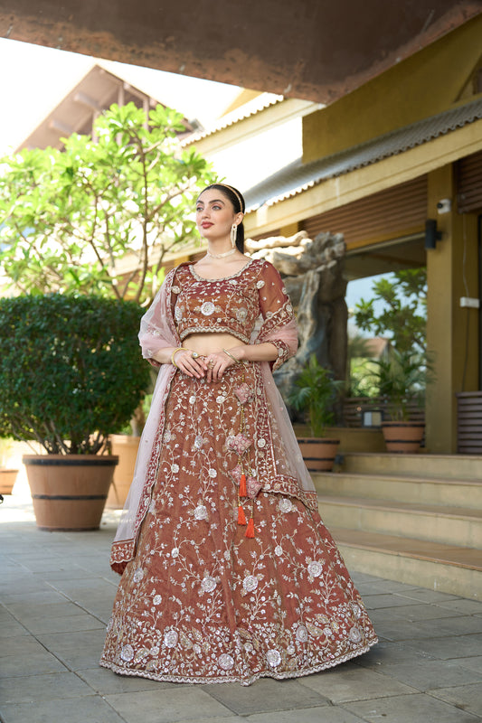 Brown Tissue Zarkan & Sequins Embroidery Lehenga