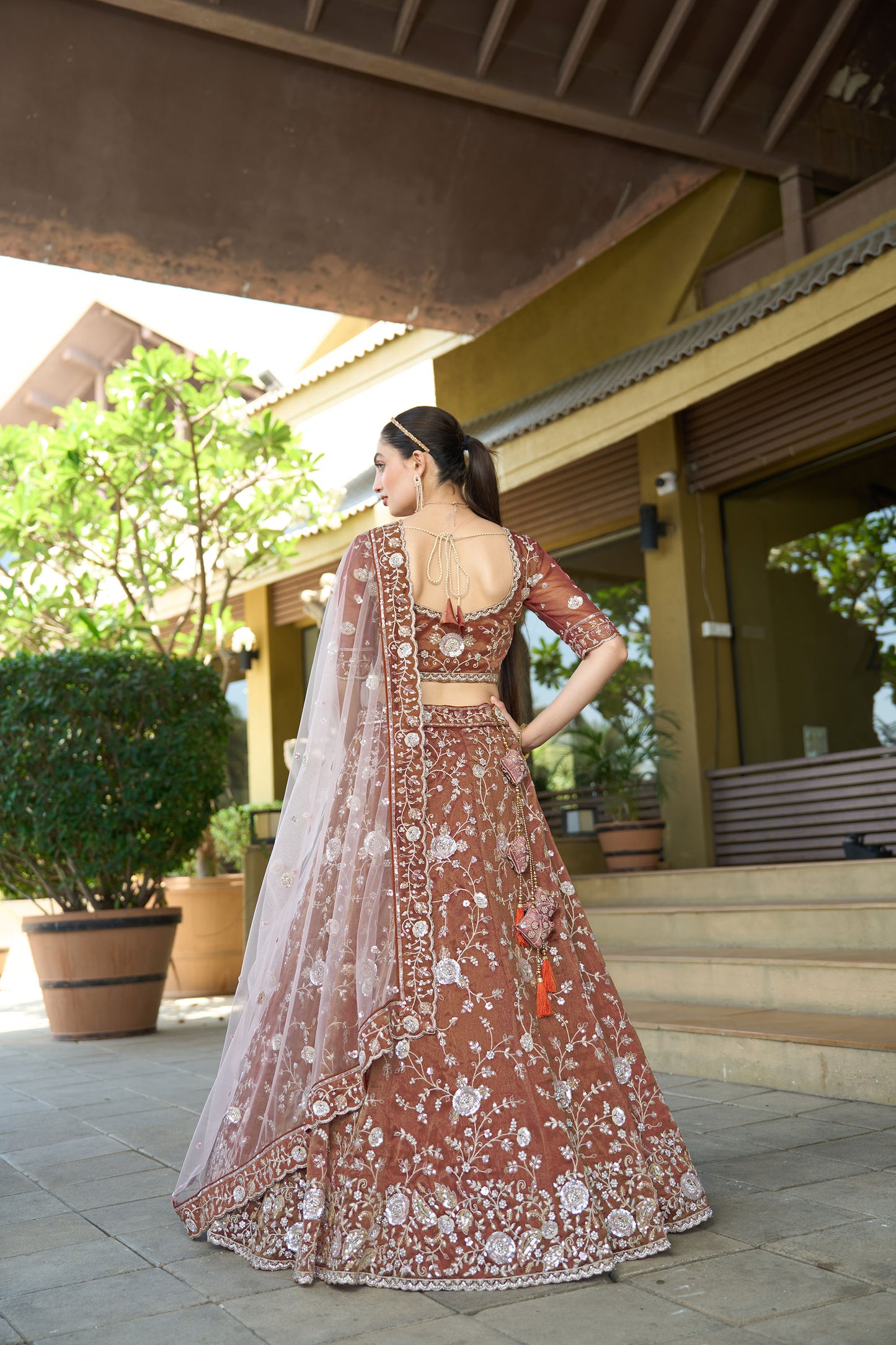 Brown Tissue Zarkan & Sequins Embroidery Lehenga