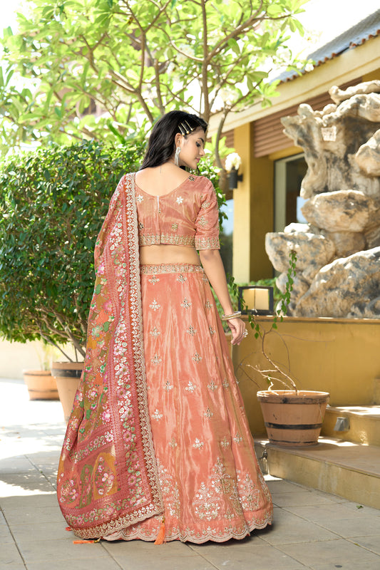 Orange Viscose Gota Work & Printed Wedding Guest Lehenga