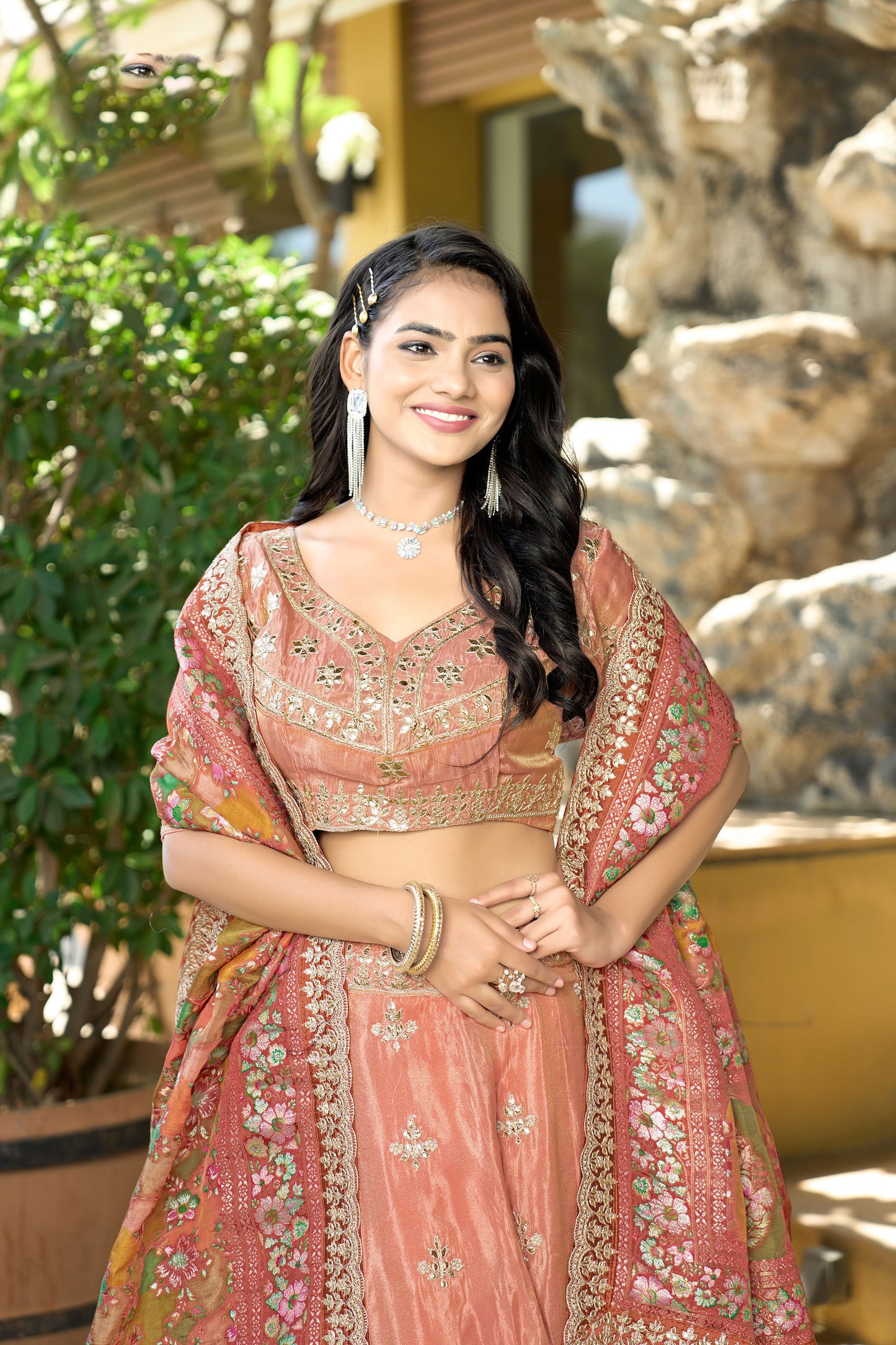 Orange Viscose Gota Work & Printed Wedding Guest Lehenga