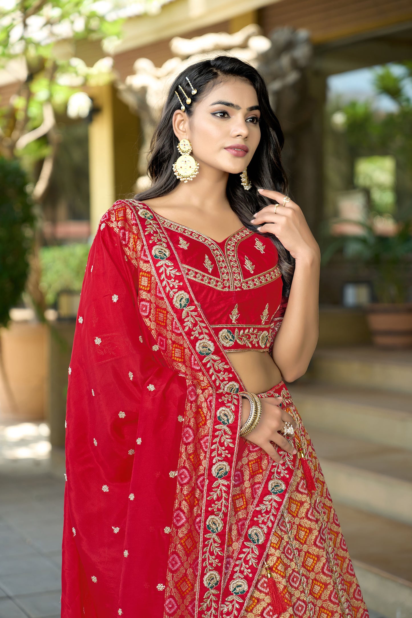 Red Viscose Silk Gota Embroidery Wedding Guest Lehenga