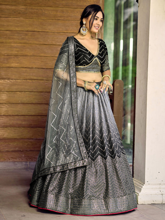 Black Chinnon Sequins & Thread Embroidered Reception Lehenga