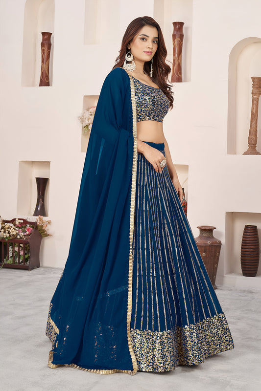 Blue Sequins, Zari Work Georgette Festive Lehenga Choli