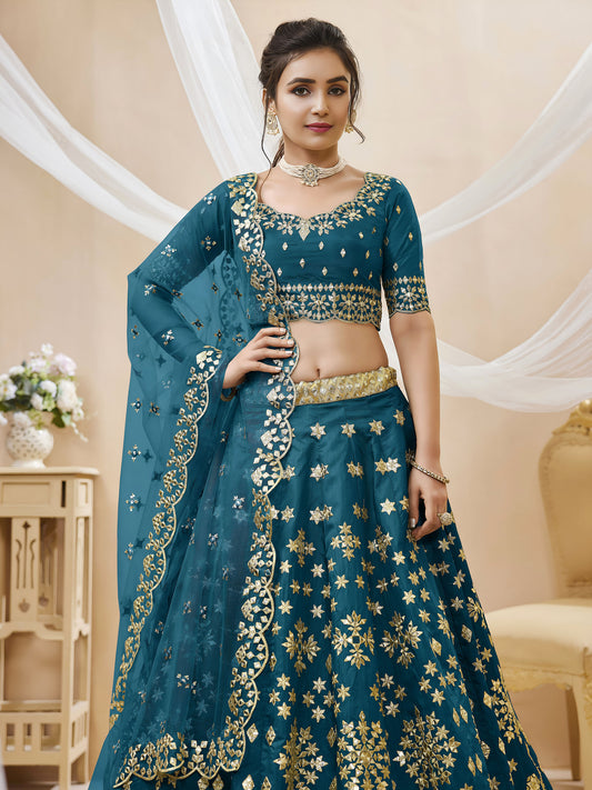 Rama Blue Green Art Silk Sequins & Foil, Zari Embroidered Bridesmaid Lehenga