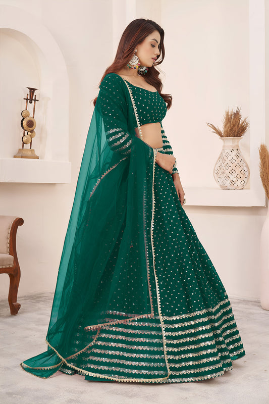 Teal Green Sequins, Zari Work Georgette Wedding Guest Lehenga Choli for Festive