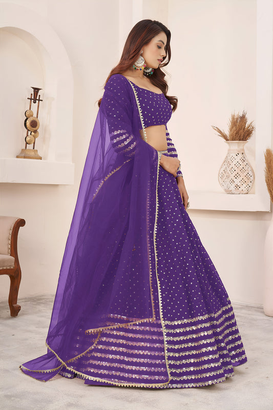Violet Green Sequins, Zari Work Georgette Festive Lehenga Choli