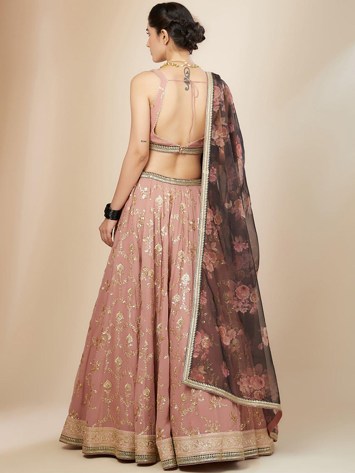 Pink & Brown Georgette Zari & Sequins Work Mehendi Lehenga Choli